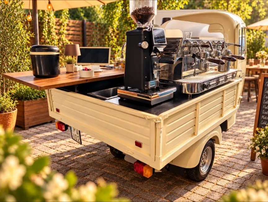 Piaggio Ape als Barista-Station mit Siebträgermaschine